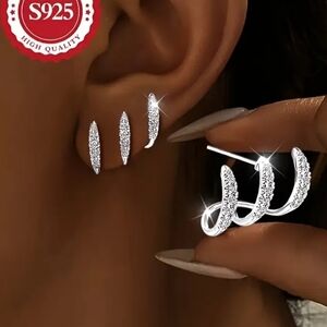 Sparkling Silver S925 post 3 claw Earrings Set